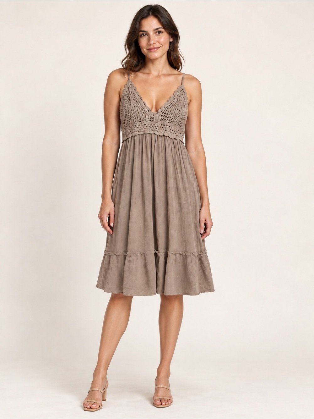 Spaghetti Strap Crochet Bodice Midi Dress in Taupe